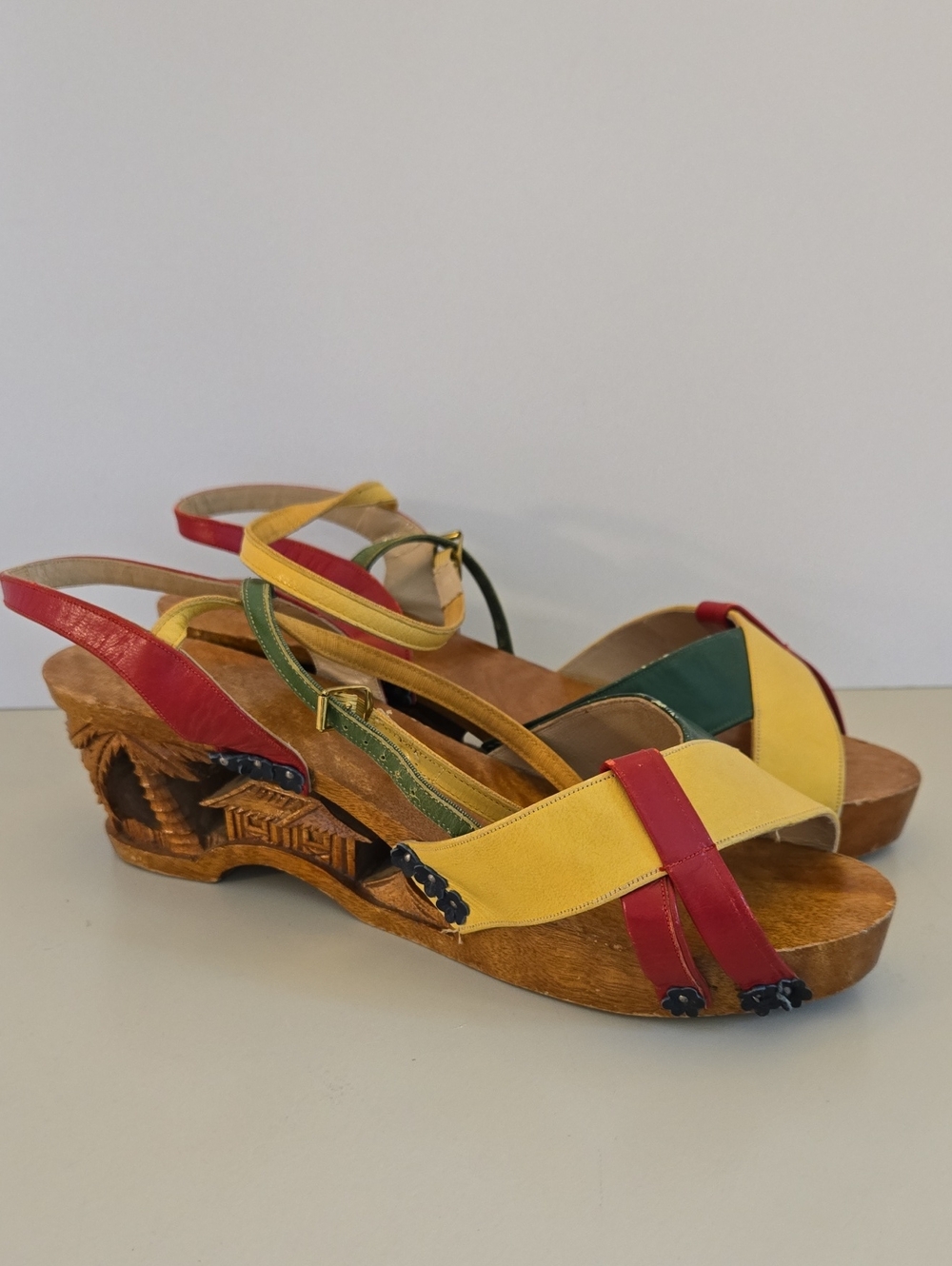 Vintage Hand Carved Wooden Wedge Sandals, Yellow Red Green Leather Straps Sz 7